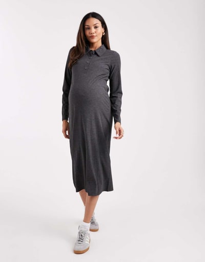 ASOS Mamalicious Maternity jersey rib knit nursing friendly polo detail midi dress in heather gray