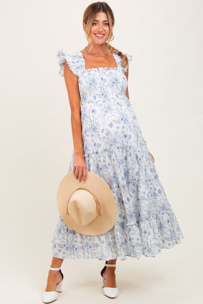PinkBlush Blue Floral Smocked Tiered Maternity Maxi Dress