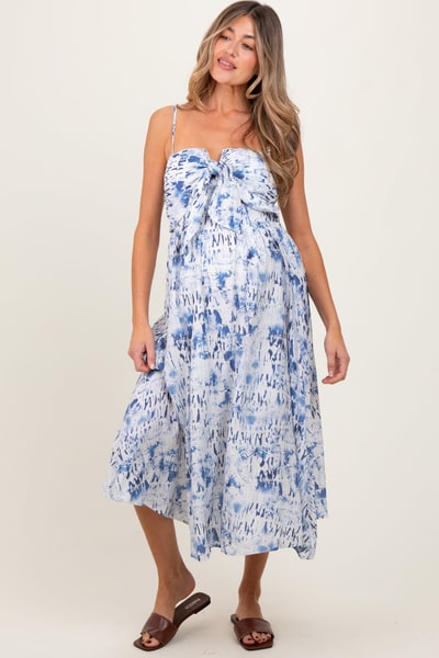 PinkBlush Blue Adjustable Strap Tie Front Maternity Midi Dress