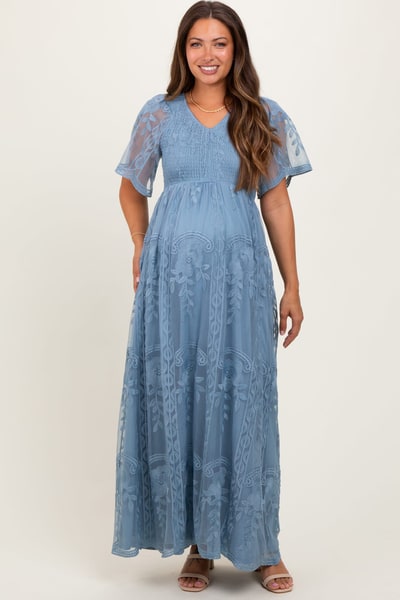 PinkBlush Blue Smocked Top Lace Maternity Maxi Dress