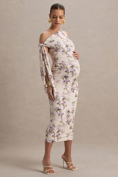 Club L London Katarine | Peach Floral Print Asymmetric Knot Maternity Midi Dress