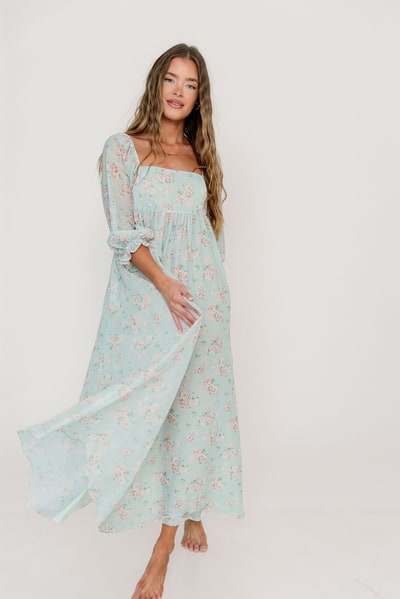 Worth Collective Mona Maxi Dress in Mint/Pink Floral - Bump Friendly *3/12 PRE-ORDER*