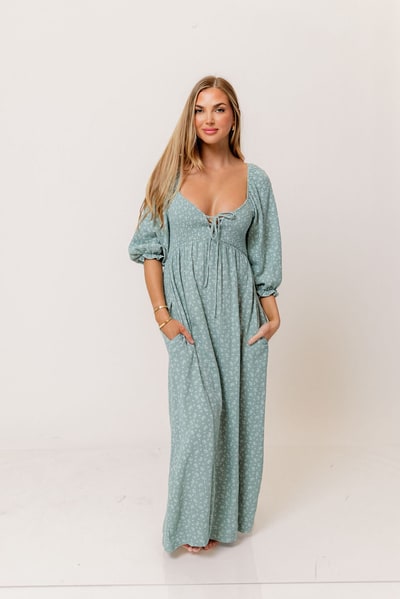 Worth Collective Cecilia 100% Cotton Smocked Maxi Dress in Aqua Foliage - Bump Friendly