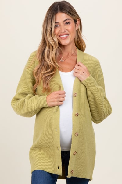 PinkBlush Light Olive Knit Oversized Button Down V-Neck Maternity Cardigan