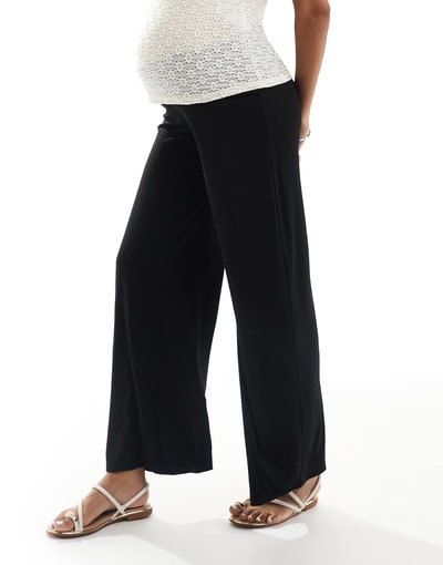 ASOS Mamalicious stretchy shirred under the bump waistband wide leg pants in black