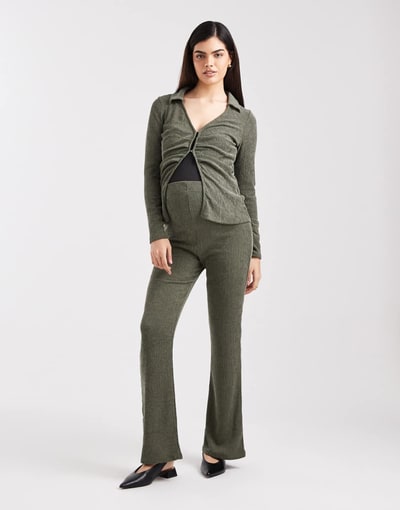 ASOS Mamalicious Maternity soft ribbed wide leg jersey pants in khaki - part of a set