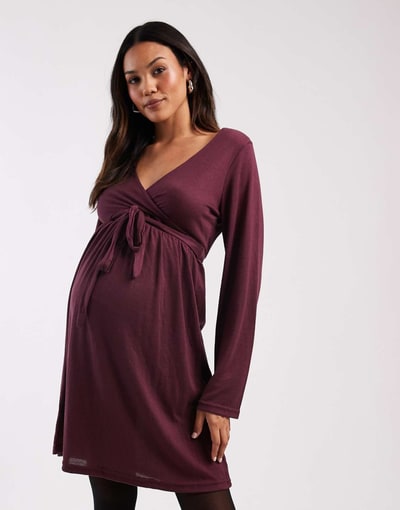 ASOS Mamalicious Maternity soft jersey nursing friendly wrap detail dress in burgundy