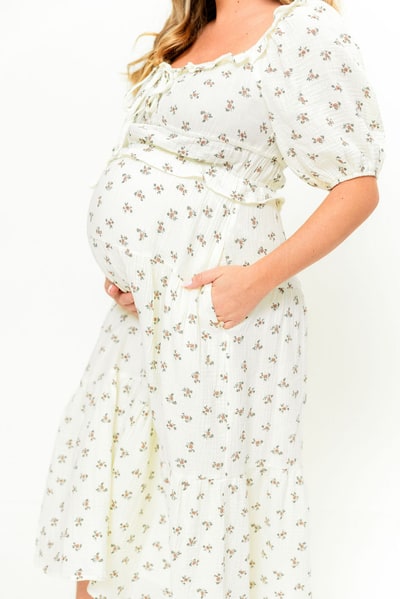 Worth Collective Landon 100% Cotton Ruched Puff Sleeve Ruffle Tiered Floral Midi Dress in Beige - Bump Friendly