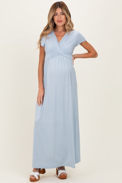 PinkBlush PinkBlush Light Blue Draped Maternity/Nursing Maxi Dress