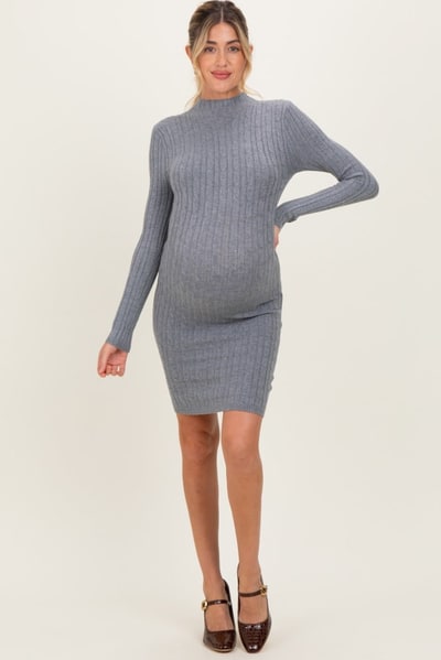 PinkBlush Heather Grey Cable Knit Mock Neck Maternity Mini Dress