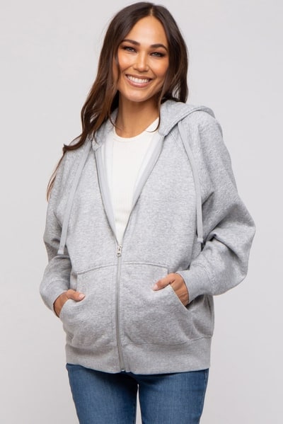 PinkBlush Heather Grey Front Zipper Hooded Maternity Sweater