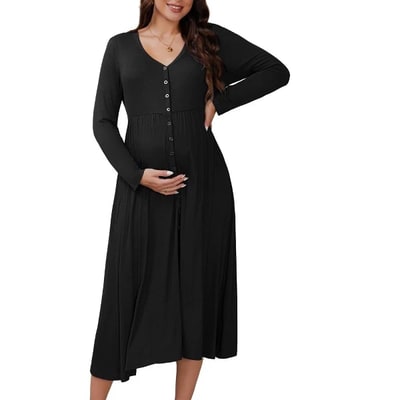 Target INSPIRE CHIC Women's Maternity Dresses Button Pleated Long Sleeve Photoshoot Pregnancy Midi Dress Medium Black