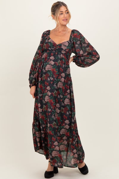 PinkBlush Black Floral Long Balloon Sleeve Sweetheart Neck Maternity Maxi Dress
