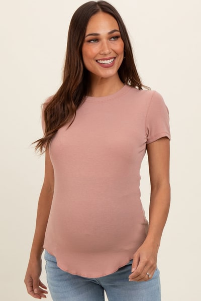 PinkBlush Light Pink Ribbed Short Sleeve Curved Hem Maternity Top