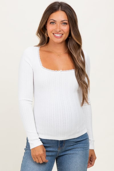 PinkBlush White Pointelle Knit Lace Trim Square Neck Maternity Top