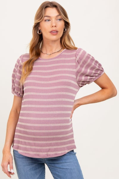 PinkBlush Pink Textured Knit Striped Puff Sleeve Maternity Top