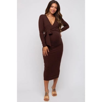 Target PinkBlush Brown Ribbed Long Sleeve Maternity Wrap Dress Brown Large