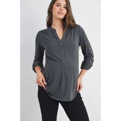 Target Hello Miz Women's Henley V Neck Roll Tab Button Maternity Nursing Top - Charcoal - Small