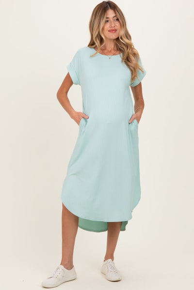 PinkBlush Mint Ribbed Curved Hem Maternity Midi Dress
