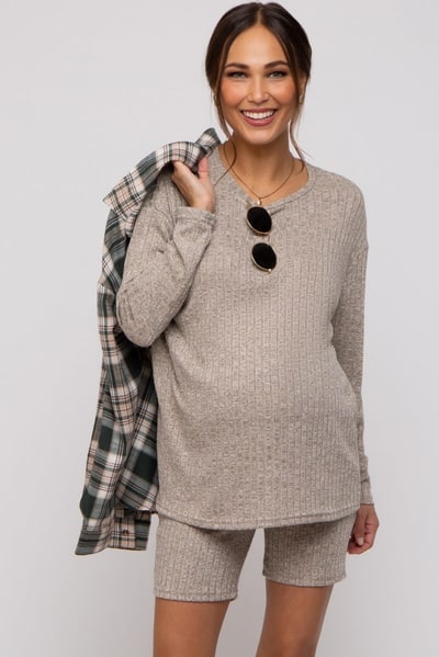 PinkBlush Mocha Ribbed Long Sleeve Maternity Shorts Set