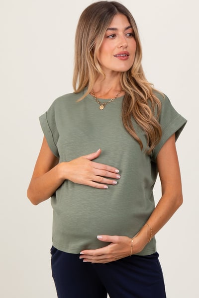 PinkBlush Light Olive Rolled Short Sleeve Maternity Tee
