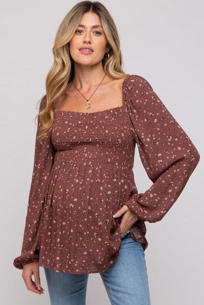 PinkBlush Brown Floral Smocked Long Sleeve Maternity Top