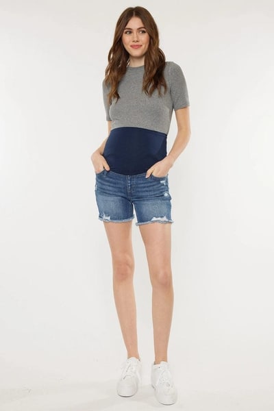 Special Addition Distressed Medium-Wash Maternity Shorts