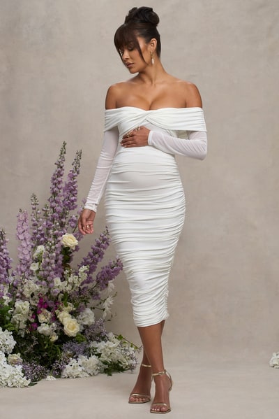 Club L London Neva | White Bardot Twist Maternity Midi Dress