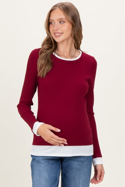 PinkBlush Burgundy Ribbed Long Sleeve Double Layer Maternity Top