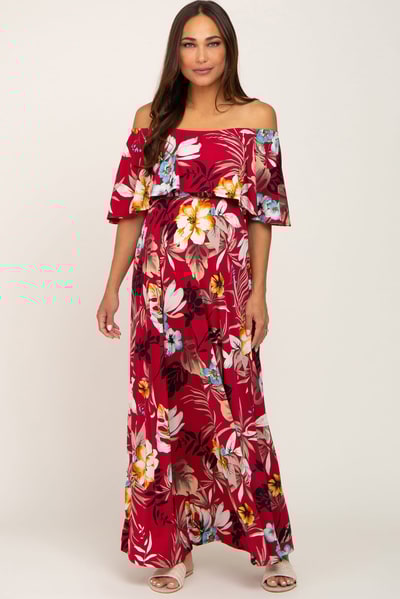 PinkBlush Burgundy Floral Flounce Off Shoulder Maternity Maxi Dress