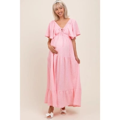 Target PinkBlush Light Pink Woven Textured Flutter Sleeve V-Neck Tiered Maternity Maxi Dress Light Pink Small