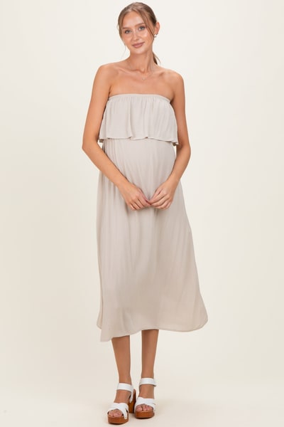 PinkBlush Sand Beige Woven Crinkle Flounce Strapless Maternity Maxi Dress