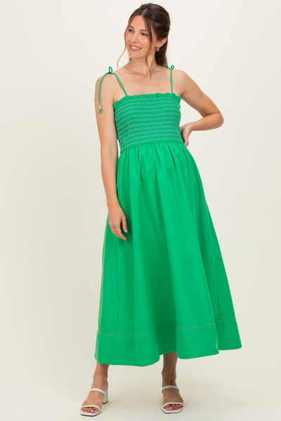 PinkBlush Green Smocked Shoulder Tie Maternity Midi Dress