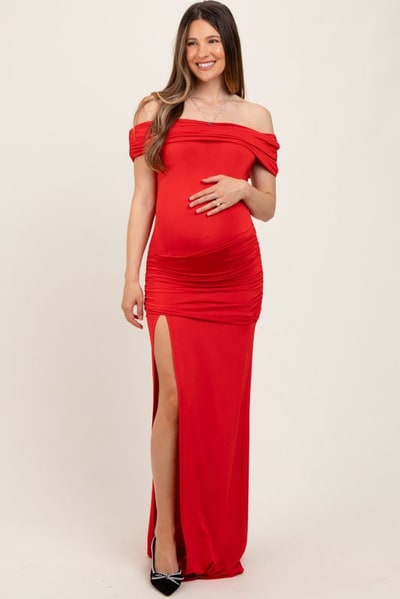 PinkBlush Red Foldover Off Shoulder Ruched High Slit Maternity Maxi Dress