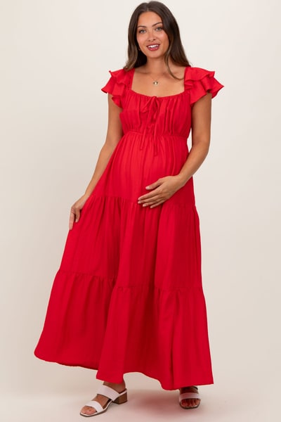 PinkBlush Red Layered Flutter Sleeve Tiered Maternity Maxi Dress