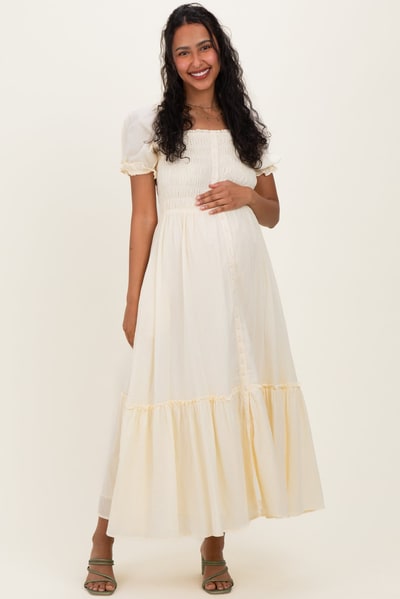 PinkBlush Light Yellow Smocked Button Down Maternity Maxi Dress