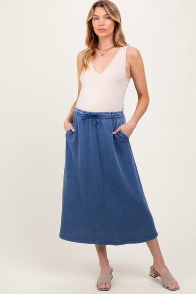 PinkBlush Light Navy Terry Drawstring Maternity Midi Skirt