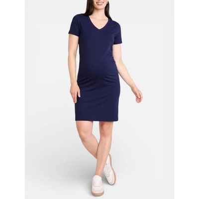 Target Women's V-Neck Short Sleeve Side Ruched Bodycon Maternity Mini Dress - Peacoat - Size: X Large - Motherhood Maternity