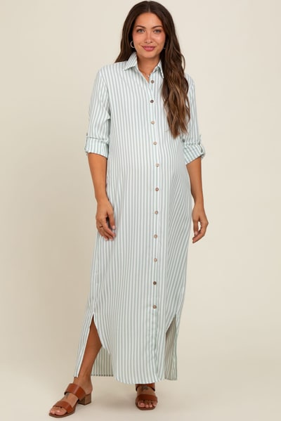 PinkBlush Light Olive Striped Button Down Maternity Maxi Dress