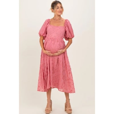 Target Pinkblush Mauve Embroidered Floral Puff Sleeve Maternity Midi Dress Small