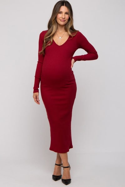 PinkBlush Burgundy Ribbed Long Sleeve Maternity Maxi Dress