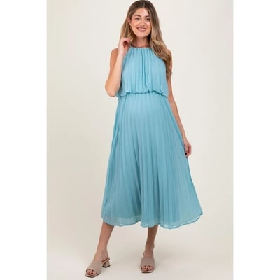 Target Pinkblush Blue Pleated Woven Maternity Midi Dress Small