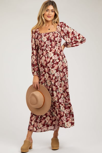 PinkBlush Burgundy Floral Long Sleeve Maternity Maxi Dress