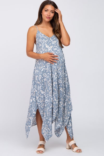 PinkBlush Blue Floral Handkerchief Maternity Midi Dress