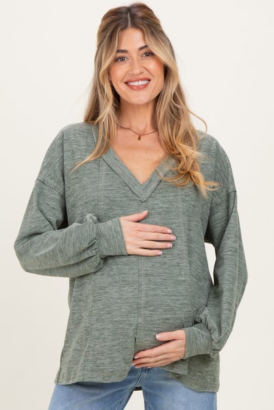 PinkBlush Olive Brushed Long Sleeve V-Neck Maternity Sweatshirt