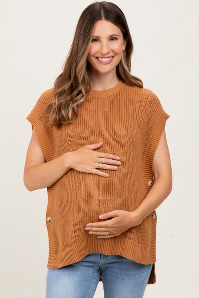 PinkBlush Camel Oversized Side Button Maternity Sweater Vest