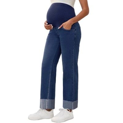 Target INSPIRE CHIC Women's Pregnant Cuffed Hem High Rise Straight Leg Denim Maternity Jeans Pant Medium Dark Blue