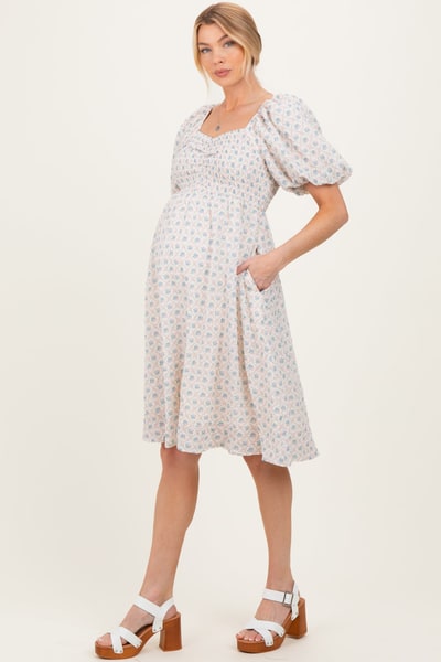 PinkBlush Pink Floral Square Neck Puff Sleeve Maternity Midi Dress