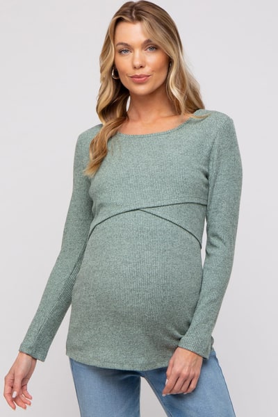 PinkBlush Mint Green Ribbed Crossover Maternity/Nursing Top