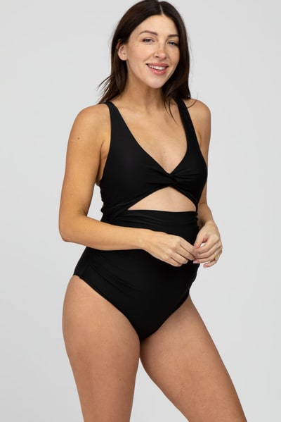 PinkBlush Black Ruched Sides Front Cutout Maternity One Piece Swimsuit